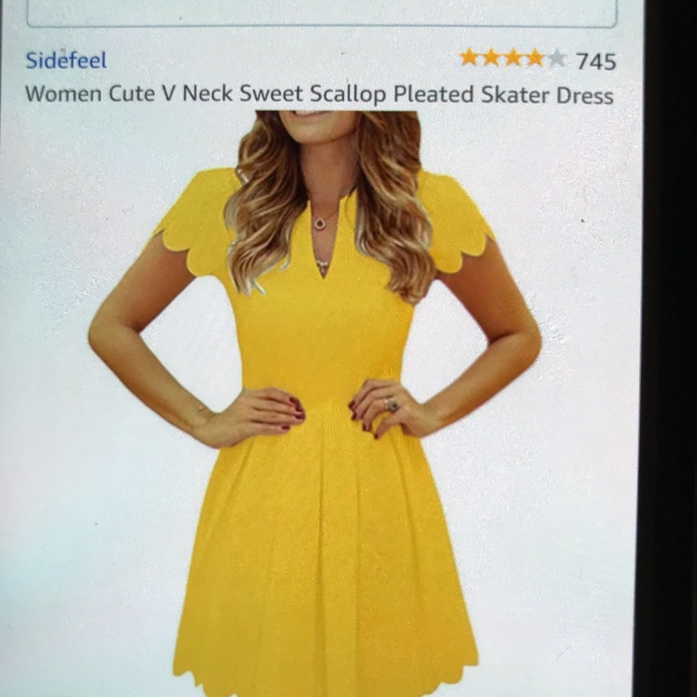 V-neck sweet scallop pleated skater dress yellow